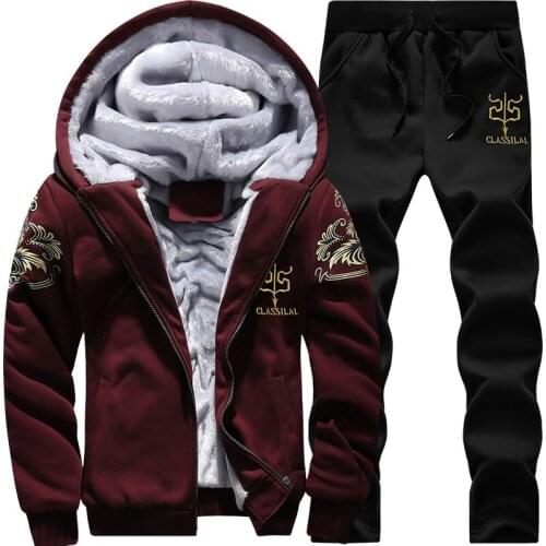 Winter Thick Men Sports Sweat Suit Tracksuit Hooded Sportswear Zipper Cardigan Hooded+Elastic Pants Casual Men Joggers Set 2021