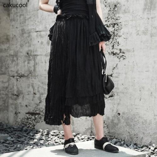 Cakucool 2020 Dark wind Japanese hemp material damage cut edge irregular light pleated skirt small black skirt