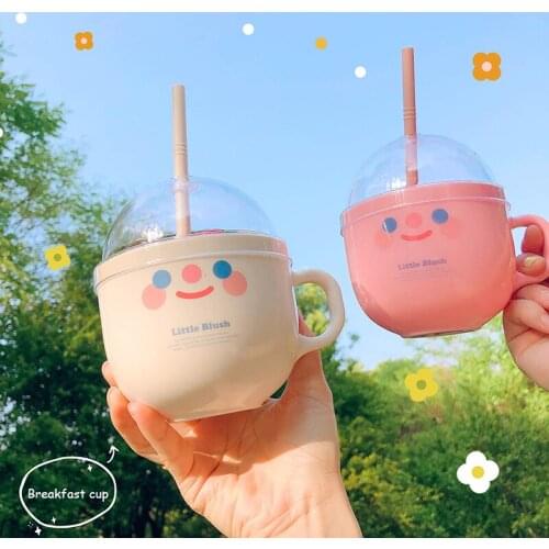 Plastic Bowl Water Bottle with Straw Ins Cute Smile Face Water Cup With Lid Fruit Salad Breakfast Milk Mugs Coffee Cups