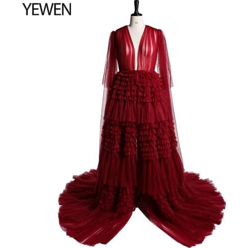 Woman Burgundy Maternity Dress Long Ruffles Front Open Maternity Gown for Baby Shower Photography Pregnancy Dresses YEWEN