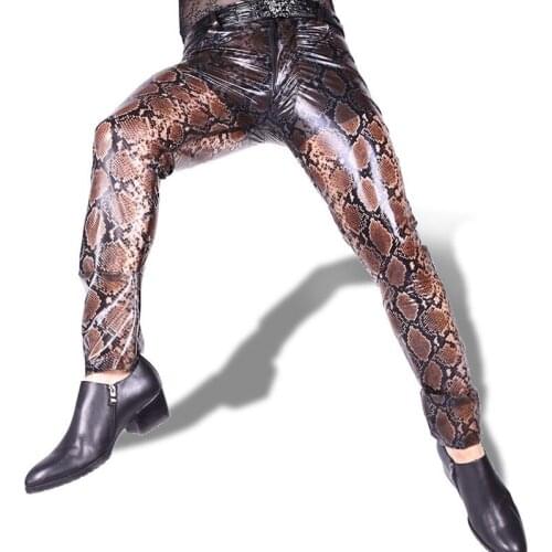 Sexy Men Plus Size Snake Leopard High Eelastic Tight Pencil Pants PU See Through Glossy Stage Tight Trousers Gay Wear F118