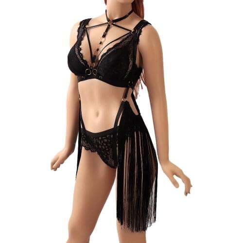 Sexy Tassel Harness Bra Elastic Brassiere Lingerie Underwear Cosplay Bondage Lingerie Set