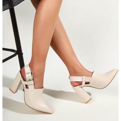 New Pointed High Heels Womens Pumps Fashion Pointed-toe Thick Heel Buckle Single Shoes Womens White Dress Wedding Bride Shoes