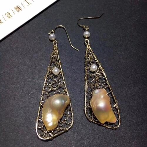 High quality ChinaStyle Drop-Earrings with Natural Fresh-Water Baroque Pearls,Triangular original design for women earrings