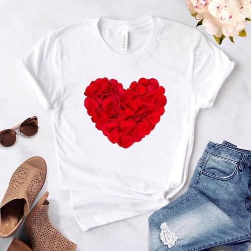 Heart Flower Print Ladies T-shirt Ladies Casual Basis O-collar White Shirt Short Sleeve Ladies T-shirt Love Graphic Printing
