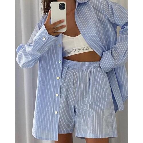 European and American Womens Clothing Foreign Trade New 2021 Hot Sale Striped Loose Shirt Shorts with Pocket Fashion Casual Set