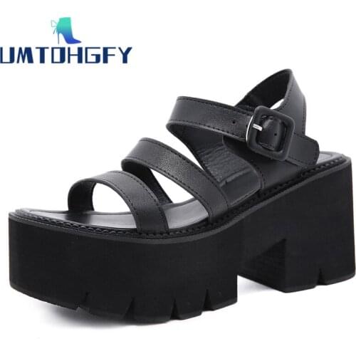Genuel Leather 35-42 Black Platform Women Sandals Summer 2022 Female Shoes Woman Block Heel Fashion Buckle Causal Model Girls