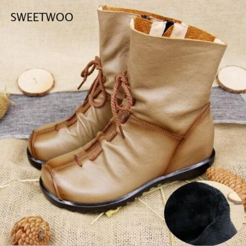 2021 Vintage Style Genuine Leather Women Boots Flat Booties Soft Cowhide Womens Shoes Front Zip Ankle Boots