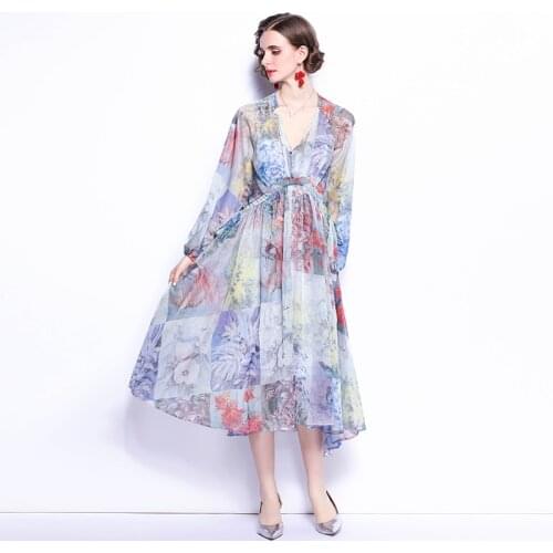Women Summer Dresses Two Piece Set Office Lady LOOSE Mid-Calf Women Set Lantern Sleeve V-Neck Elegant Party Lady Night Dresses