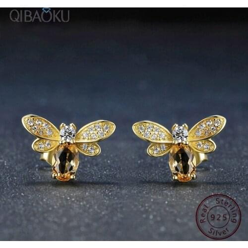 925 Sterling Silver Stud Earrings for Women Small Bee Natural Citrine Stone Jewelry Gold-plated Gemstone Ear Jewelry Fashion