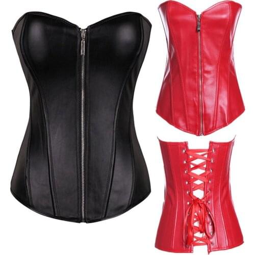 Women Corset Plus Size Corsets Black Punk Faux Leather Leather Zipper Waist Slimming Body Shapewear Bustier Overbust Corset Tops