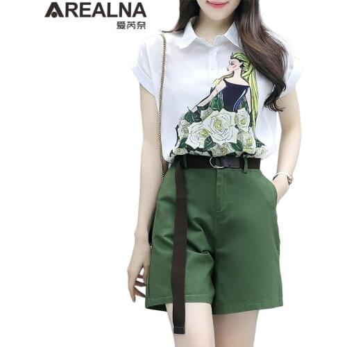 Summer two piece set women girl print chiffon blouse+ shorts Suits Elegant tracksuit women With Belt 2 piece sets womens outfits