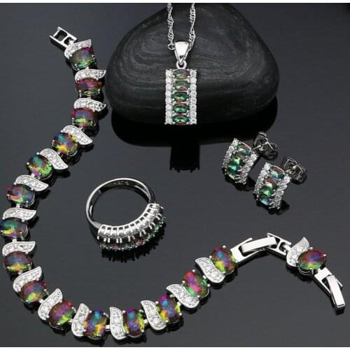 Silver 925 Women Bridal Jewelry Sets Rainbow Cubic Zirconia White Crystal Earrings Pendant Ring Bracelet Necklace Sets