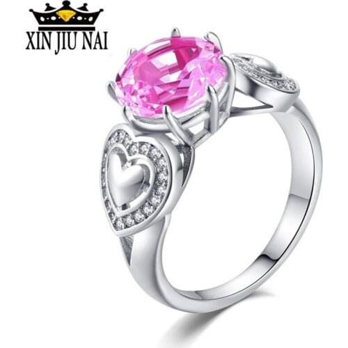 Love Heart Shaped Pink ZirconRomantic cherry blossoms Crystal Micro Inlay Ring for Women Silver Color Ring Jewelry anel