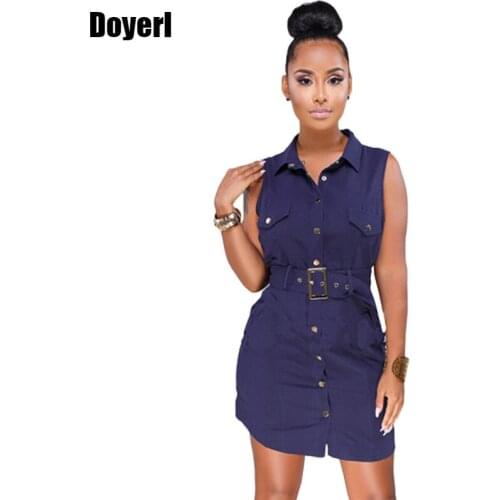 Casual Sleeveless Button Down Shirt Dress Women 2020 New Arrival Streetwear Turn Down Collar Wear to Work Summer Dress Sashes