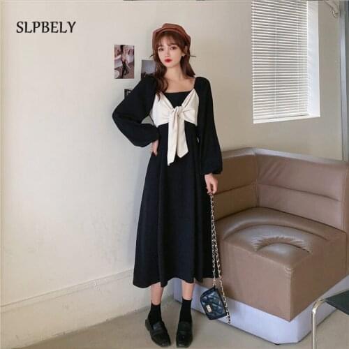 SLPBELY Women Bow Dress Spring Casual Elegant Bow Square Collar Long Sleeve Black French Vintage Dress Ladies Women Clothing New