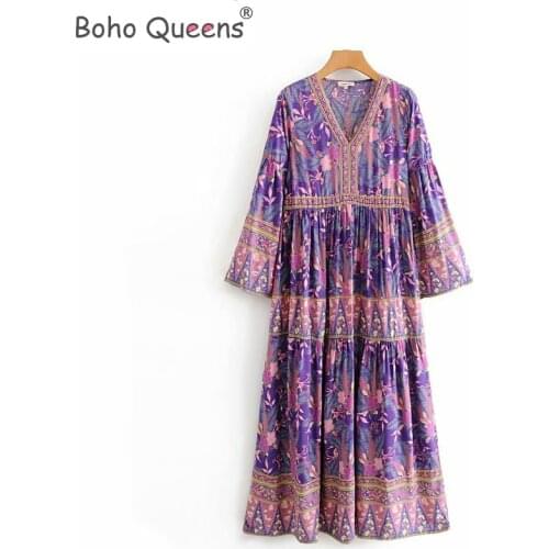 Boho Queens women purple floral print V-neck rayon beach Bohemian happie dress Ladies Tassel lace-up Summer Boho Maxi dress