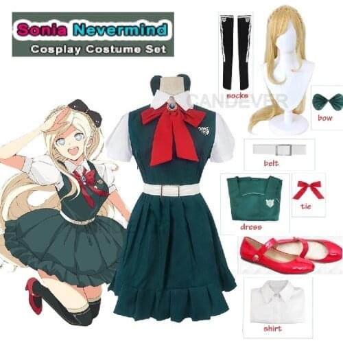 Anime Danganronpa 2 Despair Sonia Nevermind Cosplay Dress Woman Party Halloween Costume JK School Uniform wig shoes Full set
