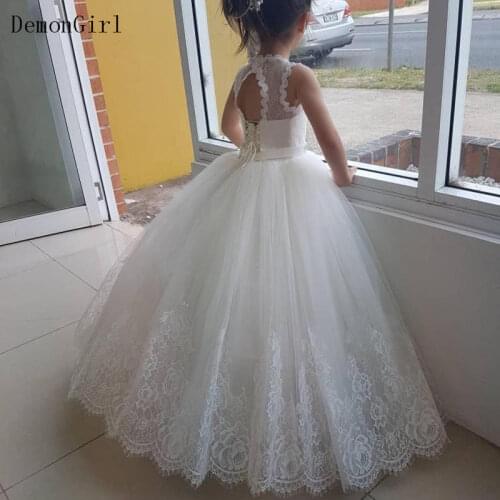 White/Ivory Flower Girls Dress Lace Appliques Tulle Backless First Communion Gowns Princess Party Dresses