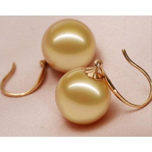 Free shipping Beautiful a pair 10-11mm AAA south sea round gold pearl dangle earrings14k