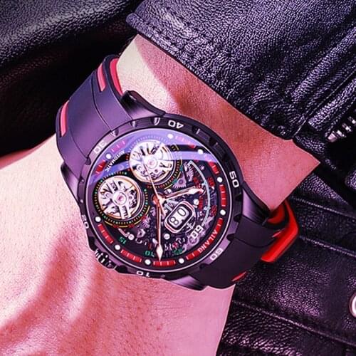 Double Tourbillon Sports Men Watches Silicone Strap Analog Watch Army Military Waterproof Automatic Mechanical Male Clock