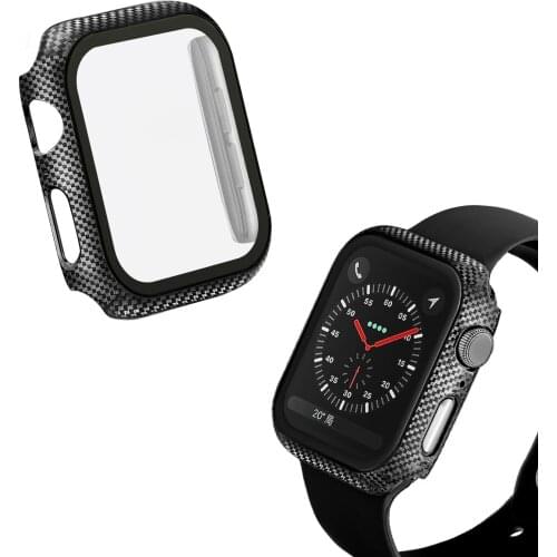 Tempered Glass Carbon Fiber Case for Apple Watch 1 2 3 4 5 38MM 40MM 42MM 44MM Cover Hard Watch Case for iWatch 5 Housing Funda