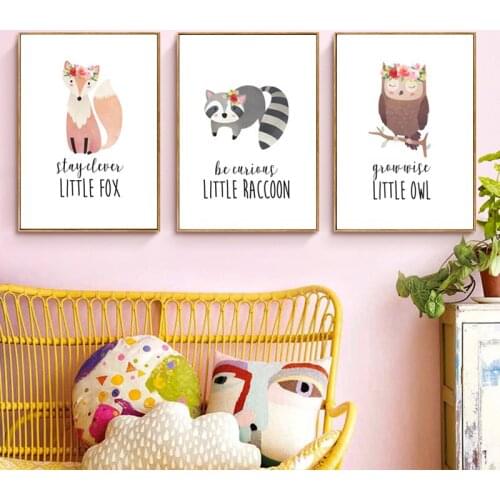 Baby Girl Nursery Wall Art Canvas Painting Woodland Animal Flower Crown Cartoon Posters and Prints Nordic Kids Bedroom Decor