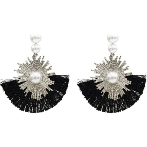 Ethnic Simulated Pearl Drop Earrings Women Big Maxi Cotton Fringe Tassel Dangle Hanging Earrings Bridal Jewelry Aretes De Mujer