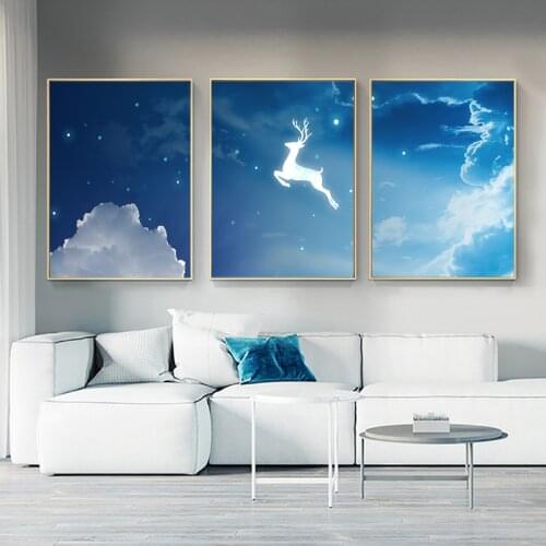 Blue Sky White Clouds Starlight Moon Fawn Landscape Painting Abstract Poster Canvas Print Wall Art Picture Home Decoration