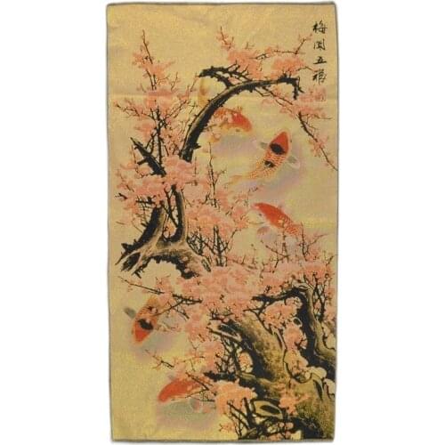 China Hand Embroidery Golden Silk Embroidery Mei Kai Wu Fu Five Fish Chart Brocade Drawing
