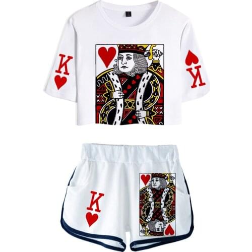 Creative JQK Poker 3D Style 2021 Two-piece set Summer Umbilical Shirt Women Casual trendy girl Summer cool streetwear sport Sets