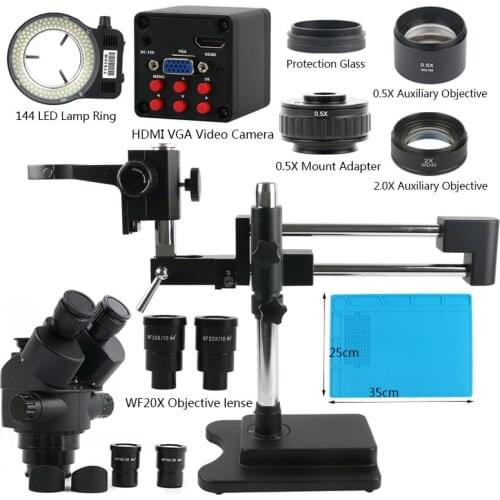 3.5X-90X Zoom Simul Focal Trinocular Stereo Microscope +Double Boom Stand + Industrial 1080p VGA HDMI Video Camera PCB Soldering
