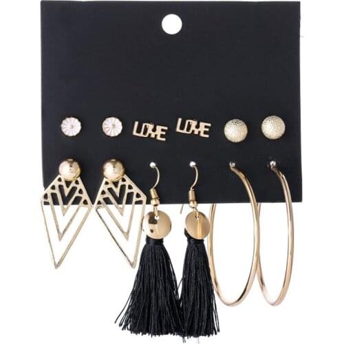 Punk Gold Color Geometric Statement Earrings Set Gothic LOVE Black Long Tassel Stud Earrings Set Mixed Bijoux Brincos