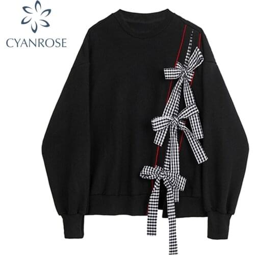 2021 Fashion New Chic Plaid Bow Patchwork Design Womens Hoodless Hoodies Autumn Long Sleeve Round Neck Black Sweatshirt Female