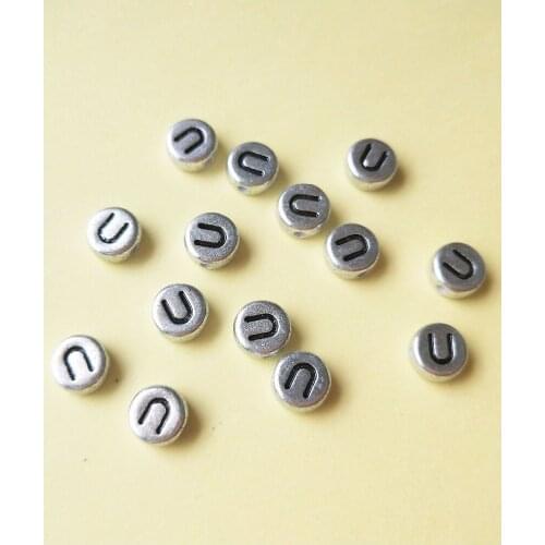 Newest 500pcs/Lot 4*7MM Alphabet Letters Beads Vintage Silver Color Charater U Printing Plastic Acrylic Bracelet Spacer Beads