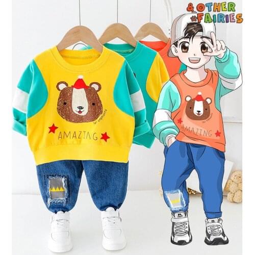Baby boy clothes cotton warm clothes baby clothes cartoon bear letter printed clothes casual sports suit baby boy two-piece suit