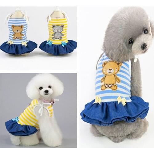 Pet Dog Cute Bear Pattern Striped Clothes Soft Cotton Spring Summer Bowknot Dresses For Small Dogs DC7113