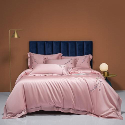 Papa&Mima Pink Blossom Flowers Embroidery Egyptian Cotton Satin Bedding Set Queen King Size Bedlinens Flat Sheet Duvet Cover Set