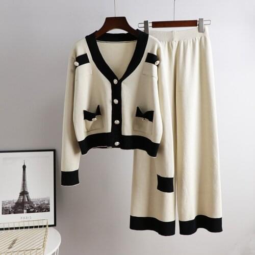 Casual Womens Two Piece Set spring Autumn Apricot Black V-neck Solid Cardigan And High Waist Pants Female 2pcs Sets Suit 2021