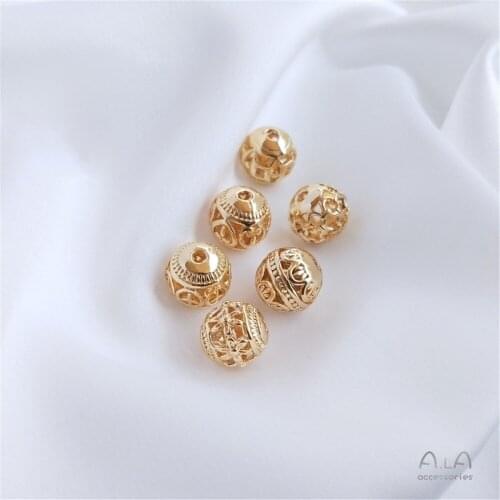 14K Gold Filled Hollow out flower ball heart copper coin grain round beads DIY ornaments accessories bracelet loose beads 10mm