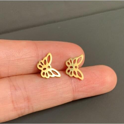 Simple Cute Small Glossy Hollow Butterfly Shape Stud Earring Women Cute Gold Color Animal Stainsteel Steel Ear Stud Cuff Jewelry