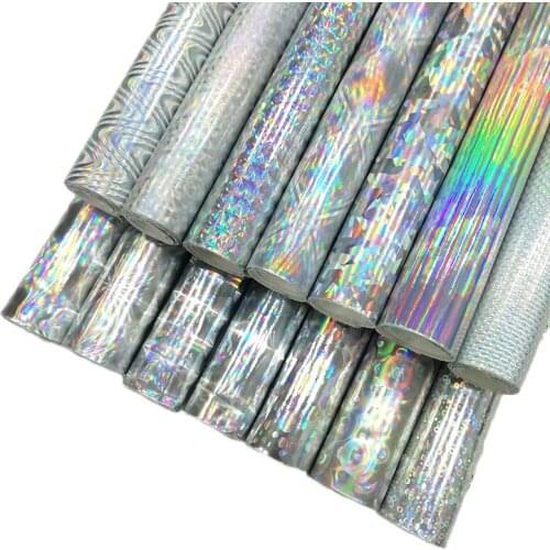 Silver Mirror Metallic Laser Pattern Printed PU Faux Leather Fabric Sheet for Making Shoe Upper/Bag/Clothing/DIY Accessories