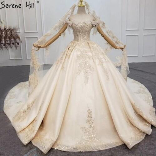 Serene Hill Dubai Off Shouder Luxury Sexy Wedding Dress 2020 Champagne Sparkle Sequined Pearls Bridal Gown Custom Made CHX0161