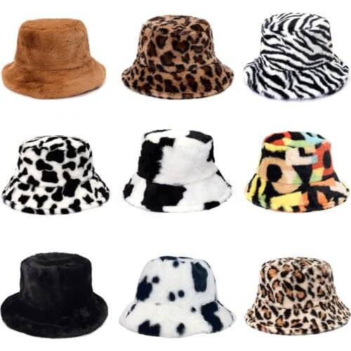 Winter Cow Leopard Faux Fur Fluffy Bucket Hats Women Outdoor Warm Sun Hat Soft Velvet Furly Fisherman Cap Lady Fashion Panama