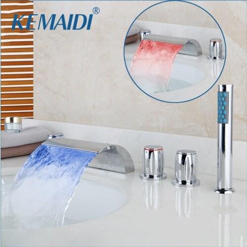 KEMAIDI Deck Mounted Washbasin Bathroom Tap 5 Pcs Set Flush Cold Hot Water Mixer Taps LED Waterfall Bathroom Basin Faucet