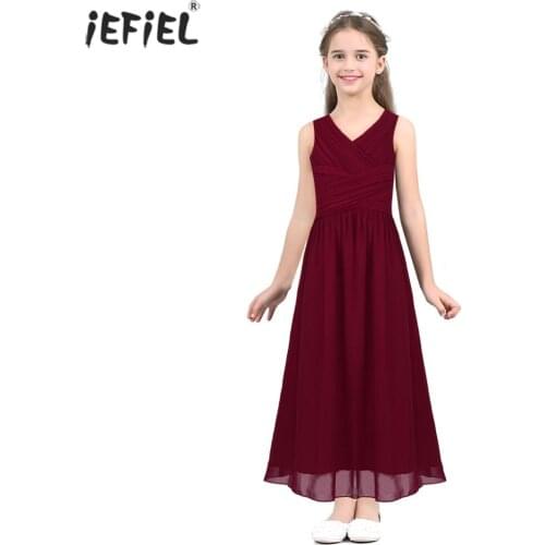 Wedding Bridesmaid Party Flower Girl Dress Summer Kids Girls Clothes Summer Fashion Sleeveless V-neck Girl Princess Dress