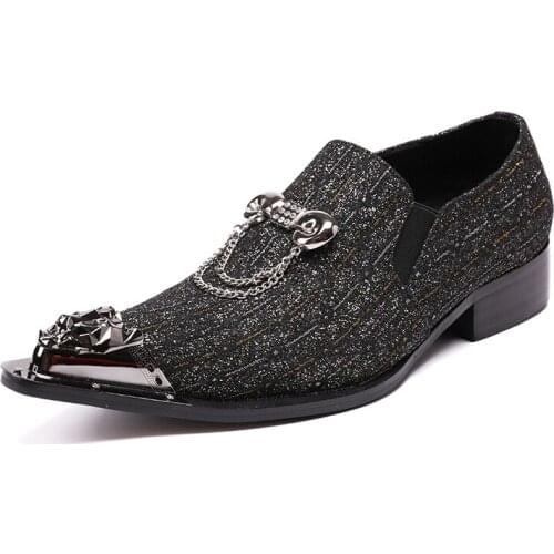 Black mens shoes Men Pointed Toe Metal Tip Mens D luxurious glitter wedding dress shoes Party Hairdress Sexy men Shoes