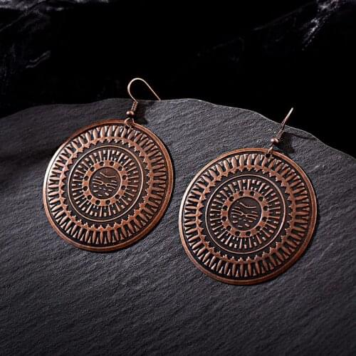 Vintage Bohemia Big Round Carved Circle Womens Gypsy Earrings Charm Ethnic Geometric Jewelry