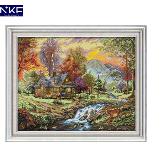 NKF Holiday Villa Cross Stitch Pattern 11CT14CT Needlework Painting Cross Stitch Set for Embroidery Stamped Kits Home Decor