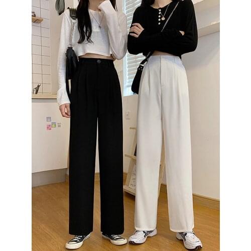 Whcw Cgdsr Office 2020 Fashion Loose Pant Solid High Waist Korean Autumn Casual Trousers Women Straight Wide Leg Winter Suit